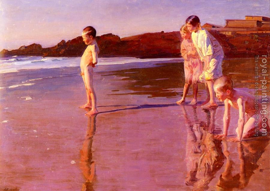 Benito Rebolledo Correa : Children On The Beach At Sunset, Valencia